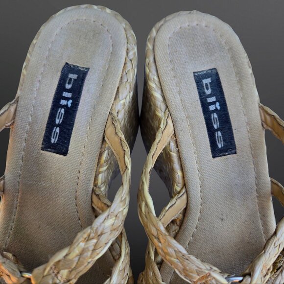 Vintage 90s Y2K Beige Chunky Platform Wedge Sandals Heels Size 10 Raffia Woven - Picture 4 of 9